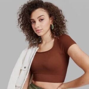 Wild Fable Women's Med T-Shirt Brown Short Sleeve Square Neck Seamless Top